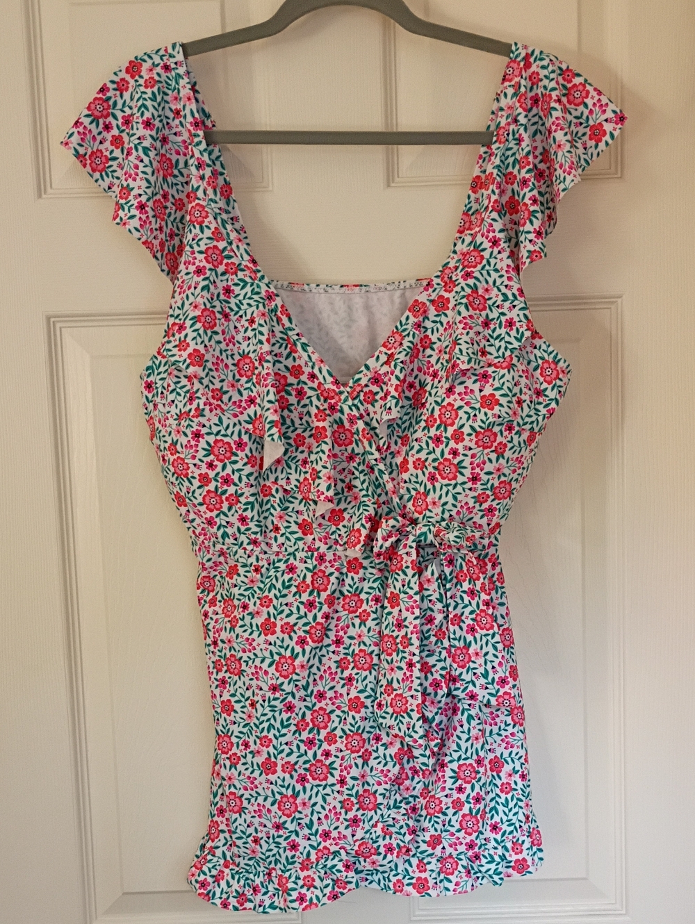 2 Piece Swimsuit V-Neck Adjustable Ruffle Sleeves Pink & Green Floral Women's